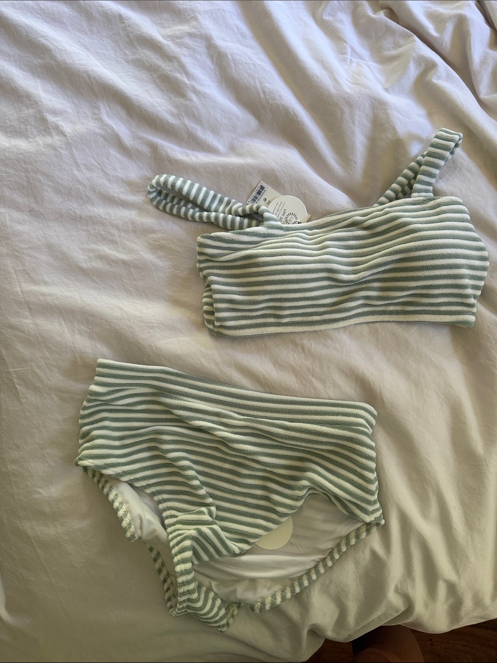 Striped Ribbed Two-Piece Bikini Set in Sage and White